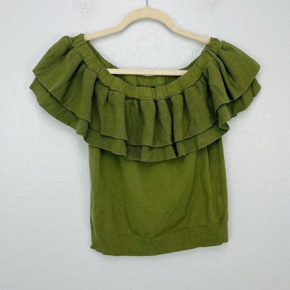 J Crew Olive Green Ruffles  Off Shoulder Crop Top - Picture 4 of 7